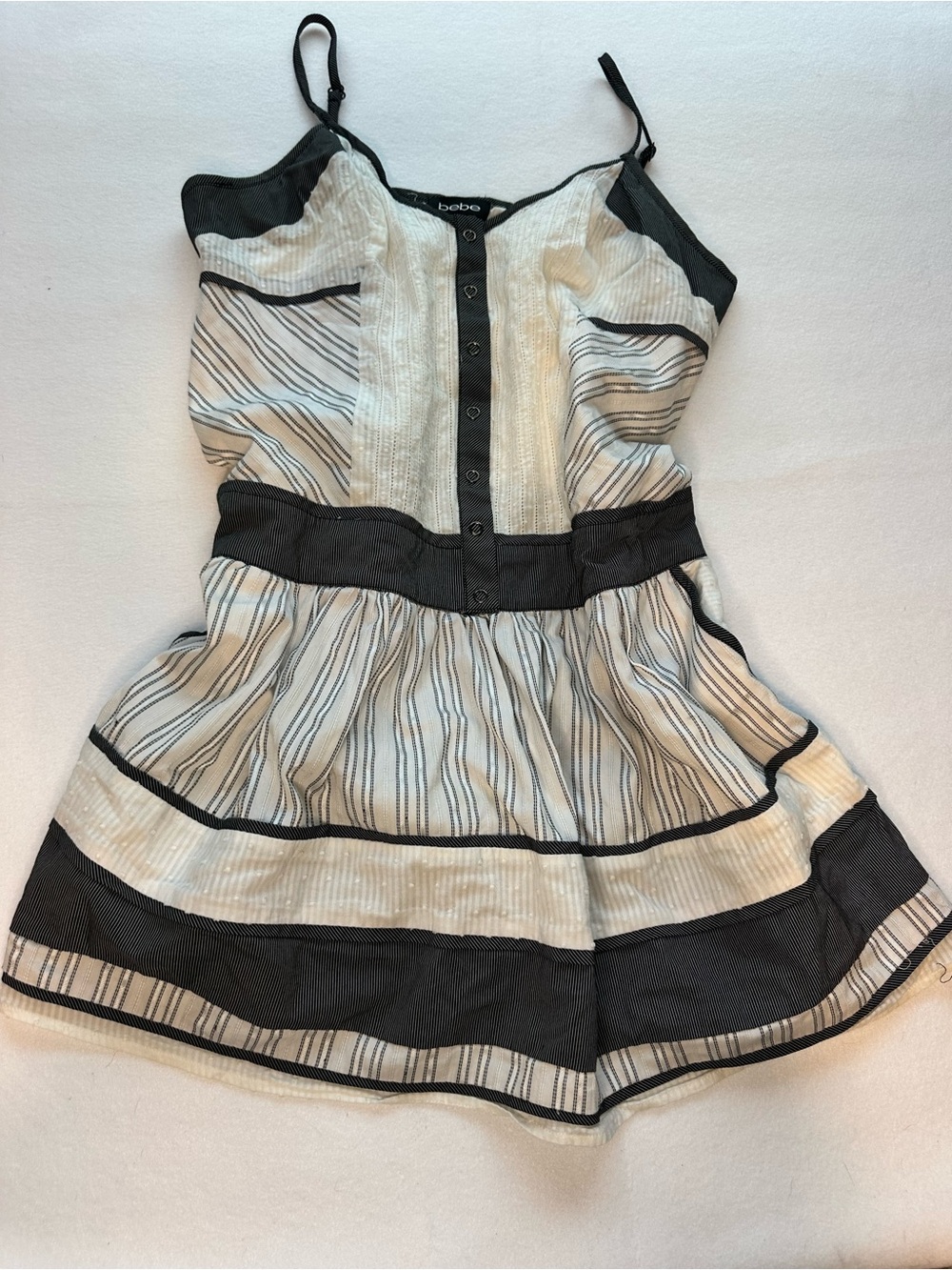 Bebe Y2K Mini Dress Black White Patchwork Sundress Striped Swiss Dot Cami